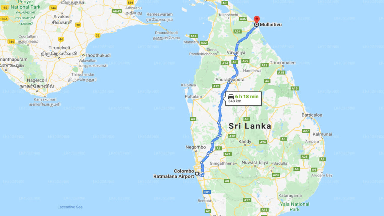 Ratmalana Airport (RML) to Mullaitivu City Private Transfer