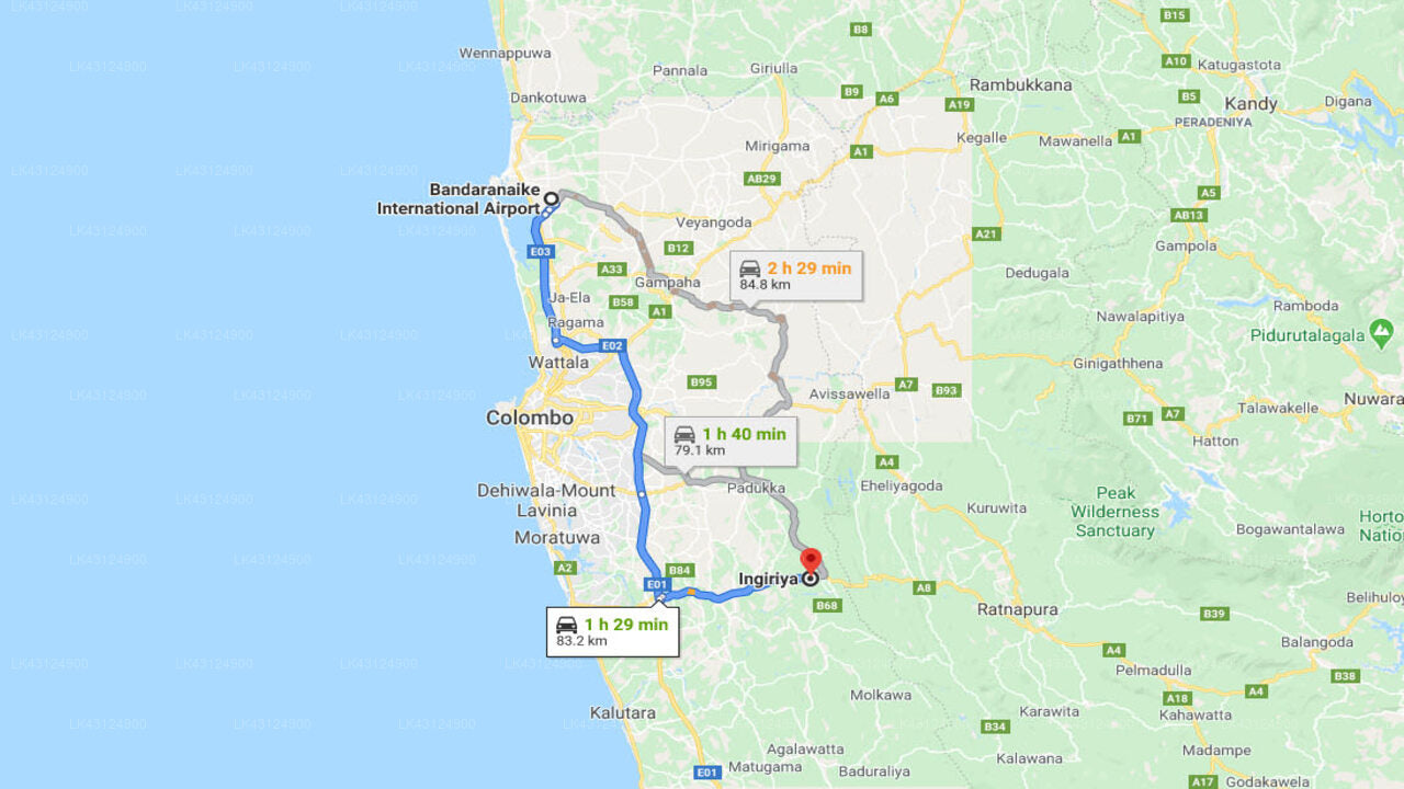 Transfer between Colombo Airport (CMB) and Serenity Village, Ingiriya