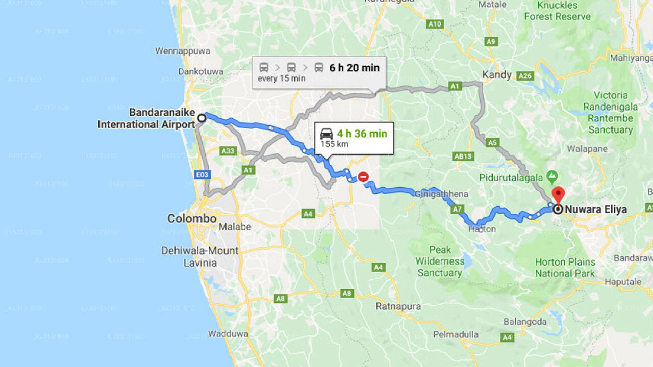 Transfer between Colombo Airport (CMB) and Shiny Villa, Nuwara Eliya