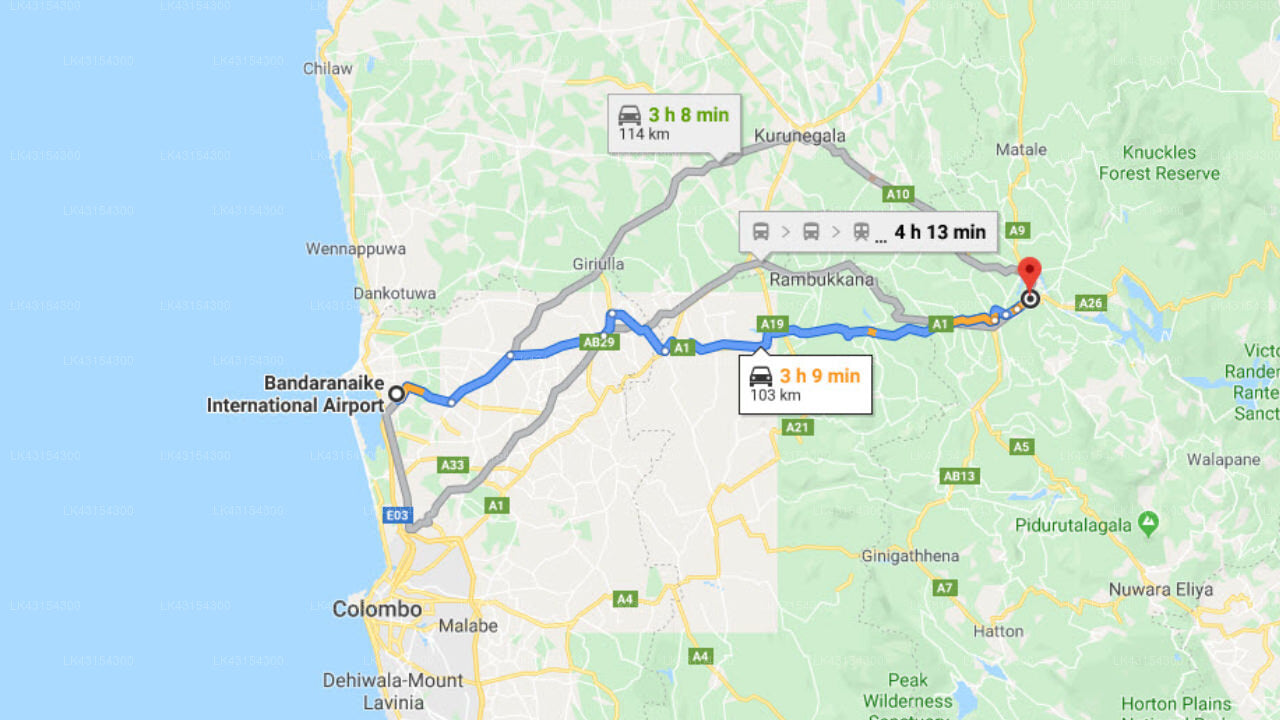 Transfer between Colombo Airport (CMB) and Hotel Sunrich, Kandy