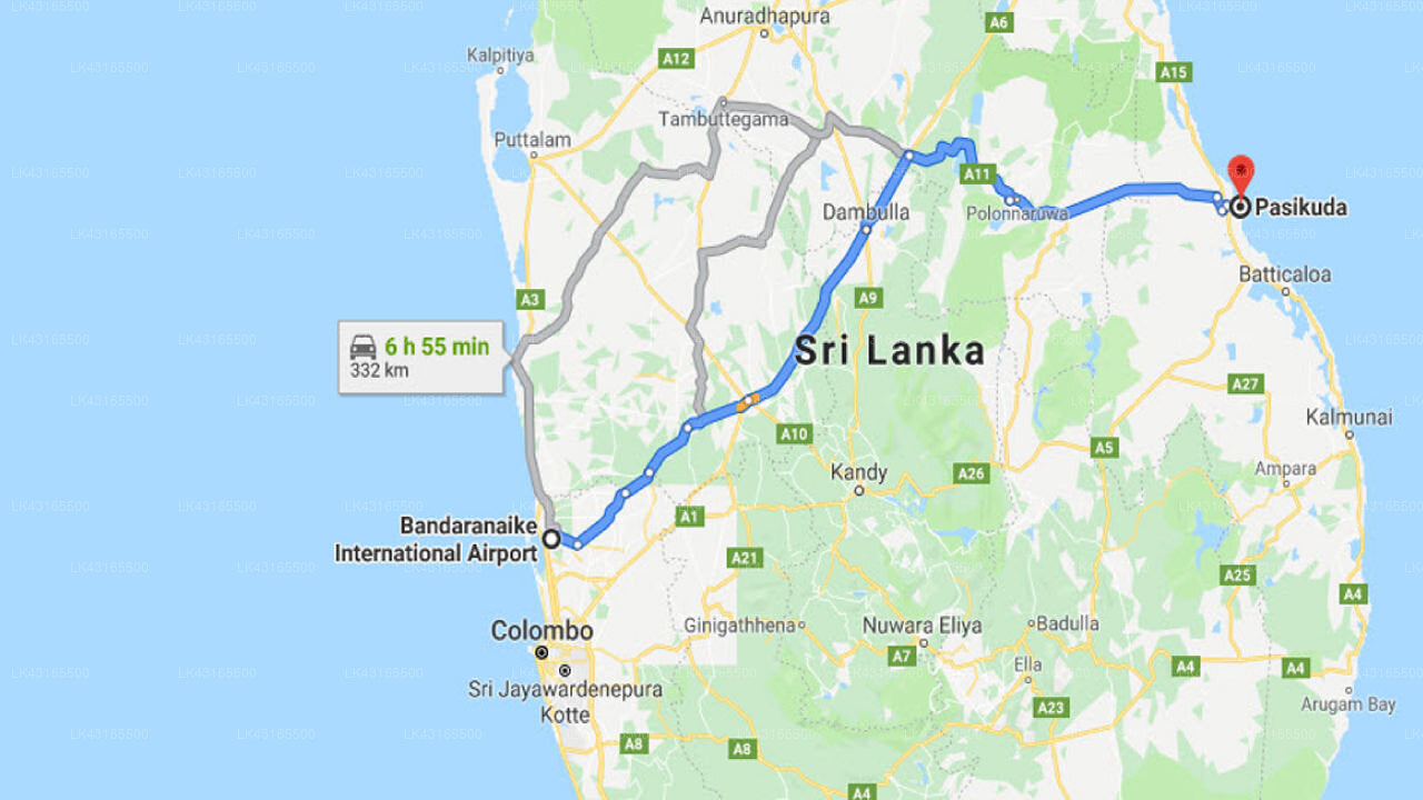 Transfer between Colombo (CMB) Airport and Uga Bay by Uga Escapes, Pasikuda