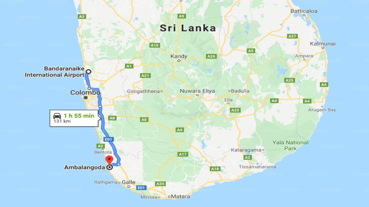 Transfer between Colombo Airport (CMB) and Oasis Ayurveda Bridge, Ambalangoda