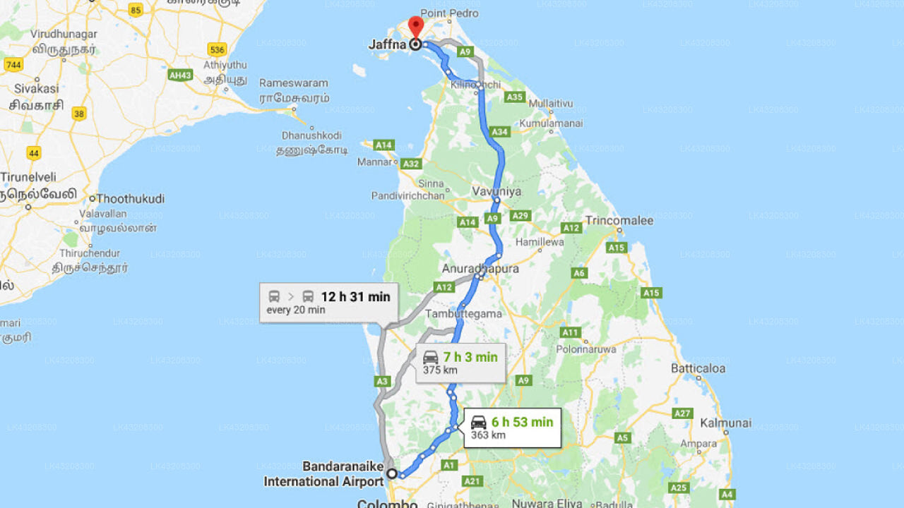 Transfer between Colombo (CMB) Airport and Jetwing Jaffna, Jaffna