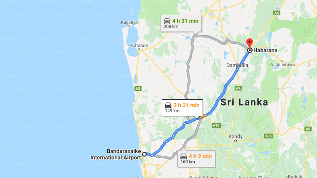 Transfer between Colombo Airport (CMB) and Sevanagama Habarana, Habarana