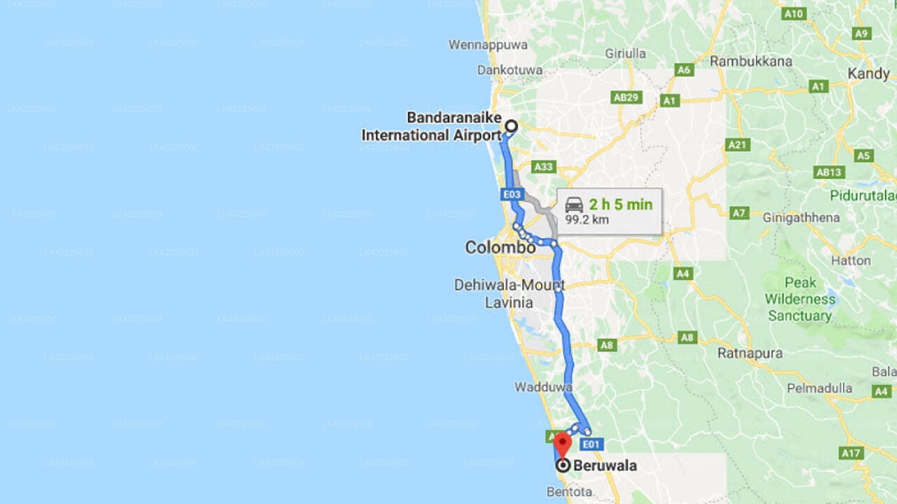 Transfer between Colombo Airport (CMB) and Earl's Reef, Beruwala