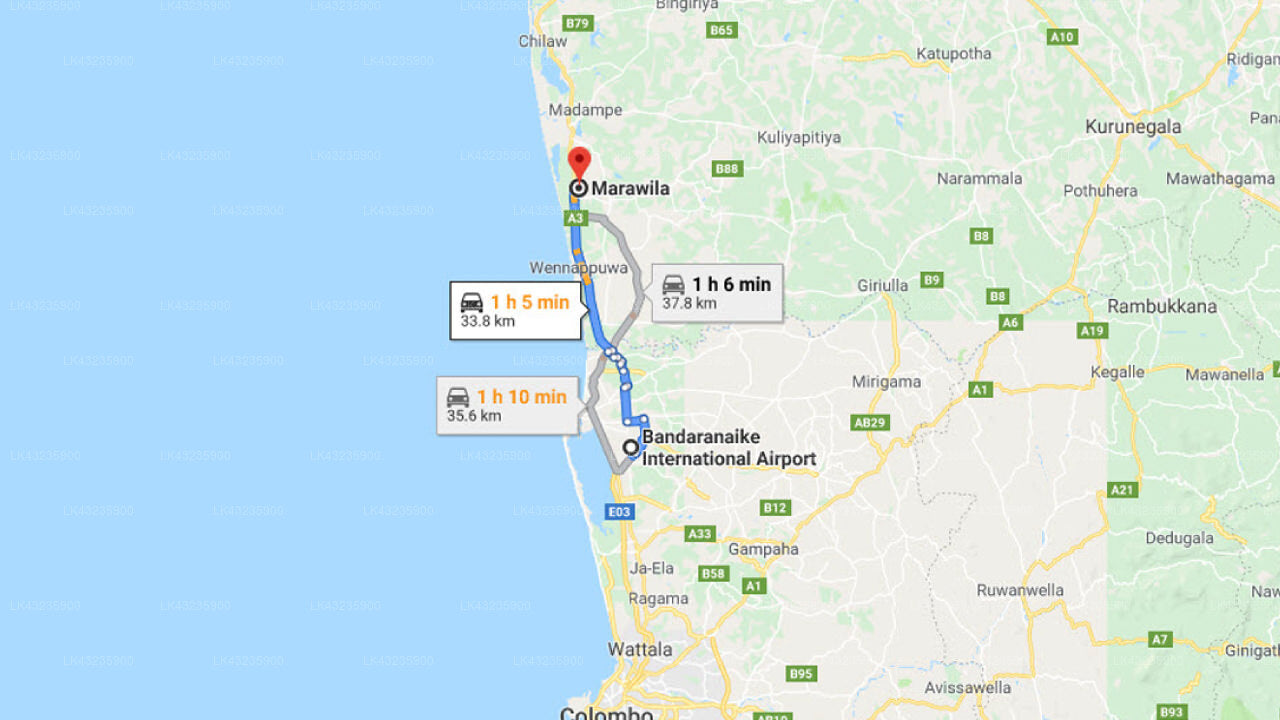 Transfer between Colombo Airport (CMB) and Sri Beach Bungalows And Villa, Marawila