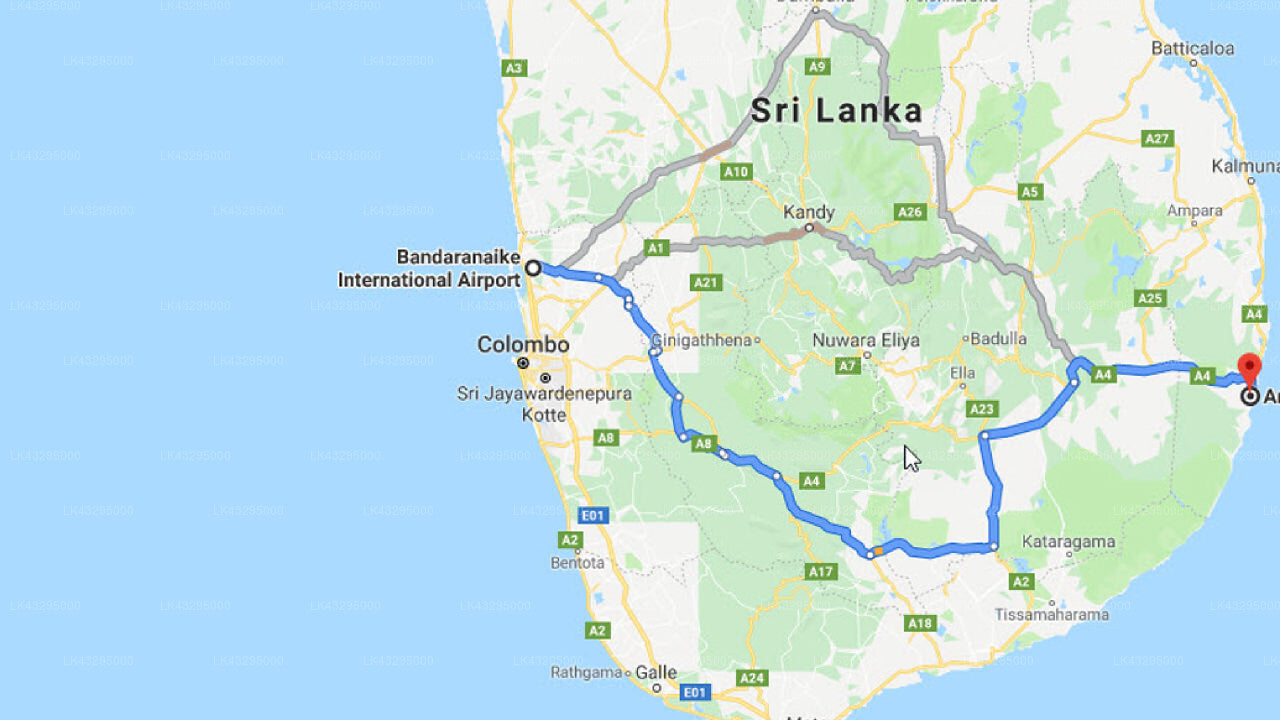 Transfer between Colombo Airport (CMB) and Yogi Organic Farm and Café, Arugam Bay